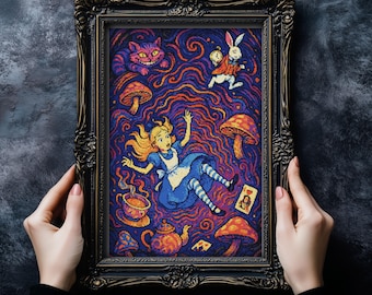 Alice Cross Stitch Pattern Colorful Spooky Retro Colorful Trippy We're All Mad Here Follow the White Rabbit Trippy Mushrooms Modern Xstitch