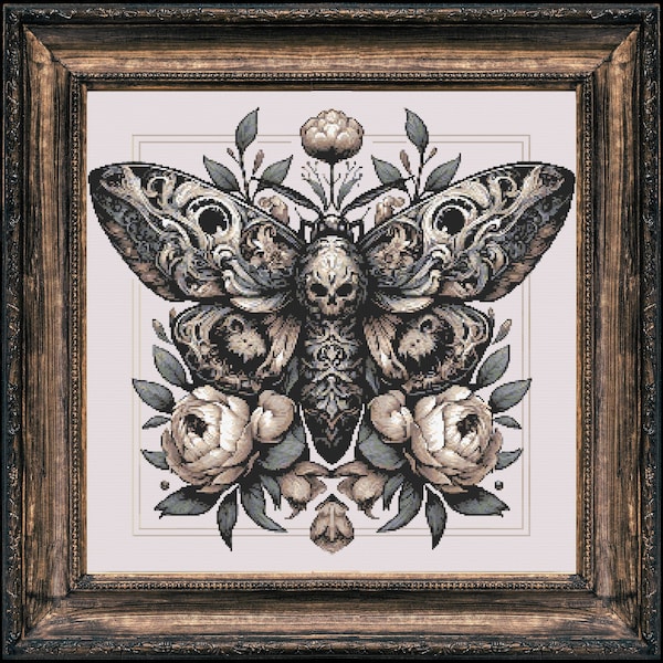 Floral Death Moth Cross Stitch Pattern, Gothic Halloween (PDF Pattern)