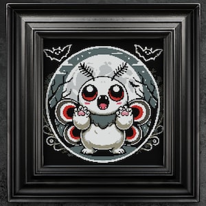 Chubby Cute Mothman with Bats Cross Stitch Pattern Gift for Halloween Whimsical Funny Snarky Quirky  Spooky Full Moon Gothic