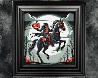 May include: A black horse with a rider in a black cloak and a jack-o'-lantern in hand gallops through a spooky forest under a full moon.