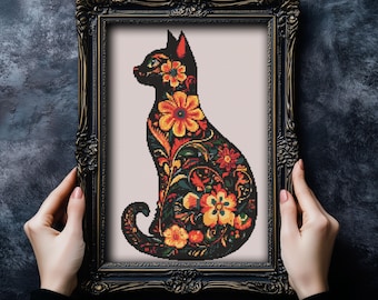 Folk Art Floral Cat Cross Stitch Pattern, Easy DIY (PDF Pattern)