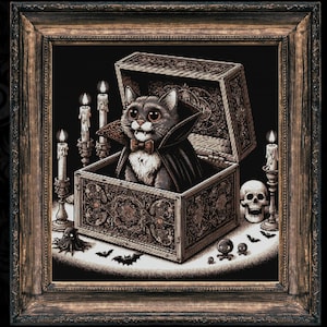 May include: A black and white illustration of a cat dressed as a vampire, sitting inside an ornate wooden box. The box is open and there are candles, a skull, and bats around it.