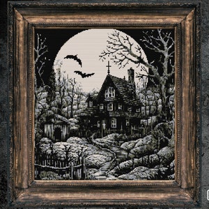Haunted House Moon Cross Stitch Pattern Witchy Spooky Gothic Woodcut Occult Halloween Creepy Horror Dark Wiccan Modern Xstitch