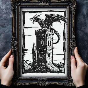 May include: Black and white illustration of a dragon perched atop a tall, stone tower. The dragon has wings spread wide and a long tail curled around the tower. The tower has multiple windows and a pointed roof.