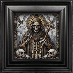 May include: A stained glass depiction of Death as a hooded figure holding a staff and a cross. The figure is surrounded by skulls and candles, and the background is a golden halo.