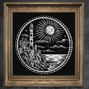 Lighthouse Cross Stitch Pattern: Monochromatic Coastal Night (PDF Pattern)