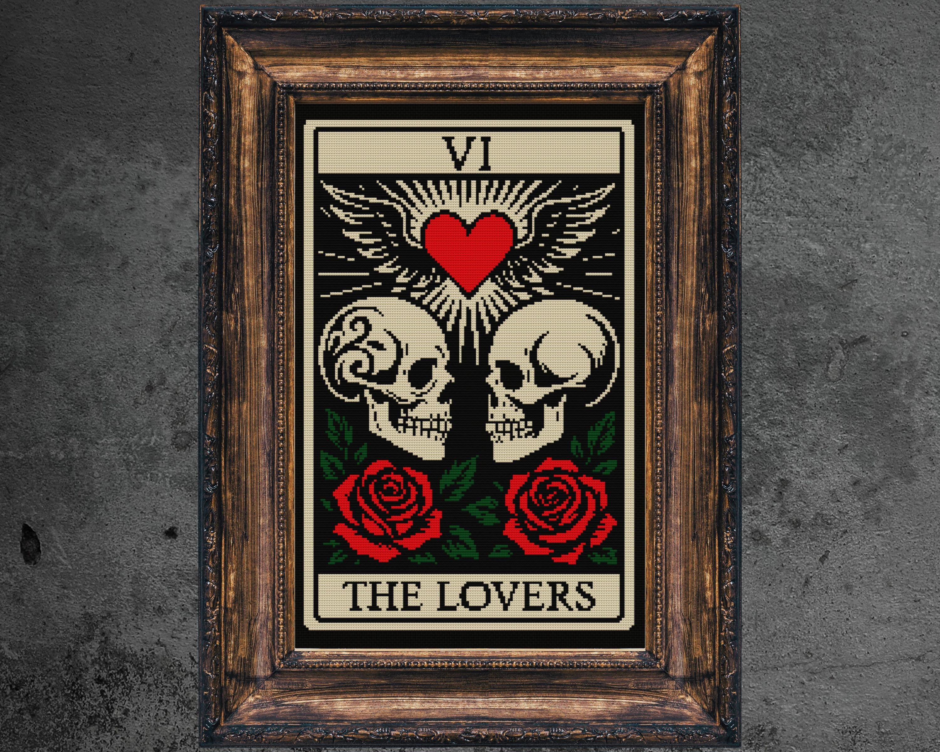 The Lovers Tarot Cross Stitch Pattern, Gothic Skull & Roses (PDF