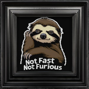 May include: A brown and white sloth with a relaxed expression, sitting with its arms crossed. The sloth is in front of a black background with the text "Not Fast Not Furious" in white.