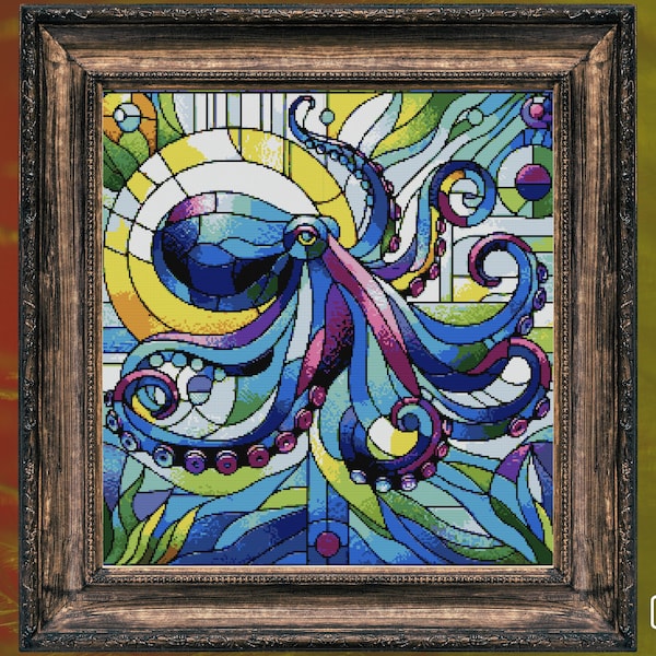 Stained Glass Octopus Cross Stitch Pattern Halloween Horror Victorian Witchcraft Creepy Gothic Cross Stitch Instant Download Digital PDF