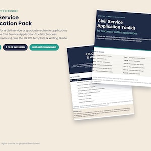 Può includere: Un pacchetto digitale per candidature nel pubblico impiego che include un toolkit per le domande e un modello di CV britannico con guida alla scrittura. I documenti mostrano indici con sezioni su reclutamento, comportamenti e tracker.