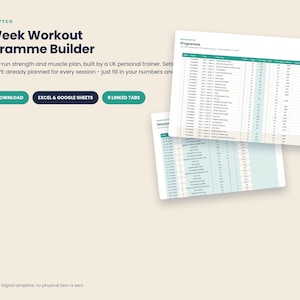 May include: A 12-Week Workout Programme Builder digital template for Excel and Google Sheets. The interface features dark text on a light background, displaying a structured spreadsheet with columns for sessions, exercises, sets, reps, and RPE data.