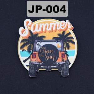 May include: A circular sticker featuring an orange off-road vehicle with a spare tire cover displaying the text Chase the Sun. The background shows palm trees, a yellow sun, and a blue horizon. The word Summer is printed in white at the top.