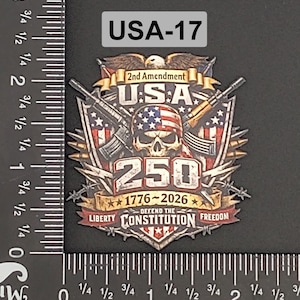 Könnte beinhalten: Ein Metallabzeichen mit dem Text "USA-17". Das Abzeichen zeigt einen Schädel mit einem patriotischen Design der amerikanischen Flagge, gekreuzten Gewehren und den Worten "2nd Amendment", "250", "Liberty", "Constitution" und "Freedom".