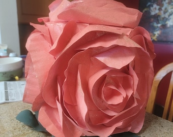 Rose flower 3D piñata centerpiece decoration. Handmade, fillable, strong. 12-inch roses around, leaves. Loop for hanging.