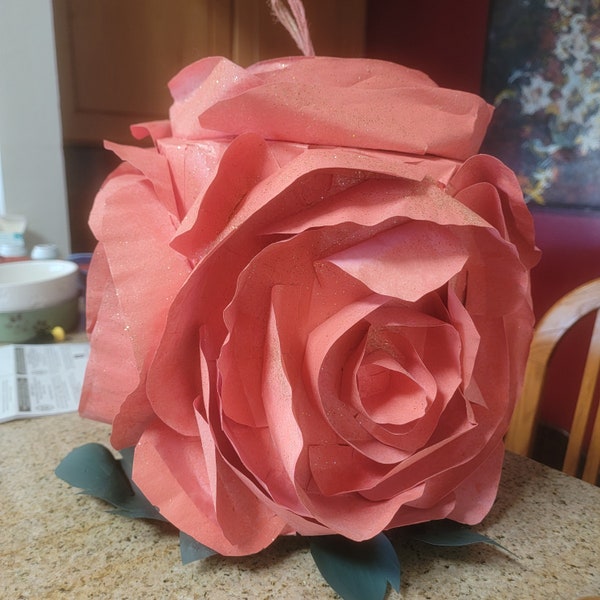 Rose flower 3D piñata centerpiece decoration. Handmade, fillable, strong. 12-inch roses around, leaves. Loop for hanging.