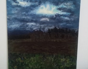 Paysage ciel pluvieux et plaine au pastel sec sur papier, format 30x24 centimètres