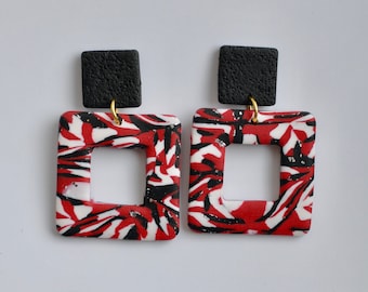 Red Abstract Geometric Dangles | Polymer Clay Earrings | Statement Earrings | Lightweight | Multicoloured | Hypoallergenic