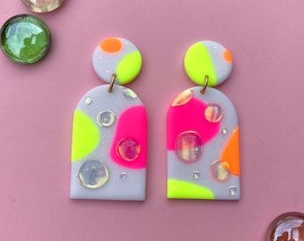 Neon Multichrome ‘Bubble’ Dangles, Handmade Polymer Clay Earrings, Statement Jewelry