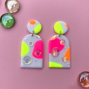 Neon Multichrome ‘Bubble’ Dangles, Handmade Polymer Clay Earrings, Statement Jewelry