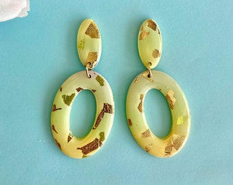 Lime Green Hoops Gold Flake Earrings  Polymer Clay Earrings Statement Jewelry Gold Green Foil Accessory Hypoallergenic