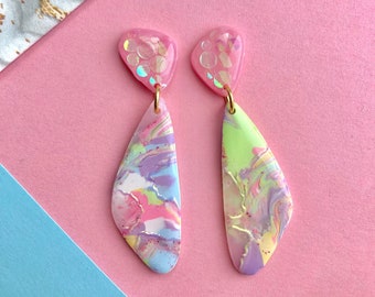 Rainbow Marbled Dangles | Polymer Clay Earrings | Statement Earrings | Hypoallergenic | Abstract Earrings | Iridescent