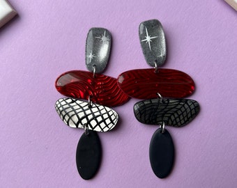 Handpainted Red and Silver Chrome Earrings, Vampy Statement Earrings