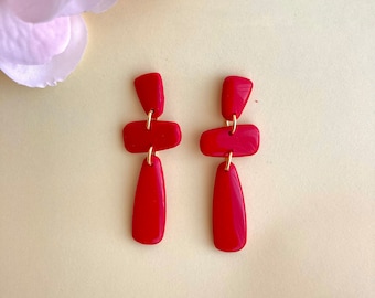 Cherry Red Dangles Burgyndy Polymer Clay Earrings Statement Jewelry Minimalist Earrings  Nickel Free Posts