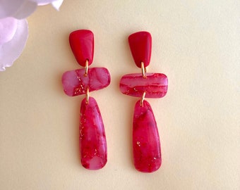 Burgundy Marbled Dangles Red Polymer Clay Earrings Nature Inspired Statement Jewelry Minimalist Earrings with a Gold Leaf Nickel Free Posts