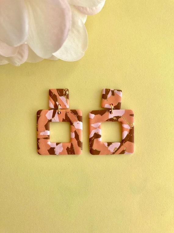 Caramel Brown Abstract Geometric Dangles | Polymer Clay Earrings | Statement Earrings |  Gold Foil Accents | Hypoallergenic