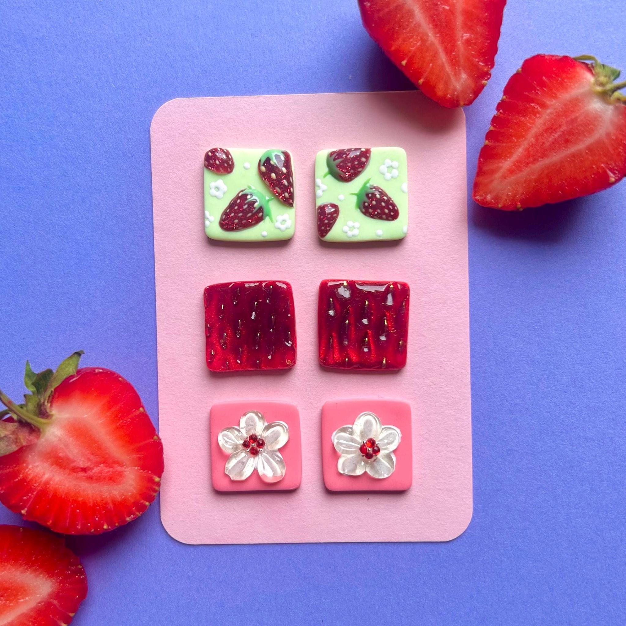 Set of 3 Strawberry Earrings, Handpainted Earring Stud Set, Mismatched Fruit Earrings, Colorful Jewelry Set
