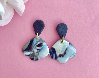 Black & White Swirl Marble Dangles | Polymer Clay Earrings