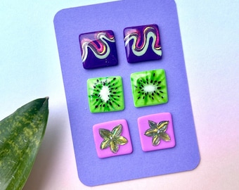 Kiwi Earrings Stud Set, Unique Fruit Earrings, Purple & Green Floral Earrings, Psychedelic swirl
