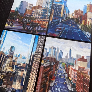 Collection Manhattan Skyline | (4) tirages d'art gouache urbaine | Décoration murale| Peinture originale d'Annie Wang