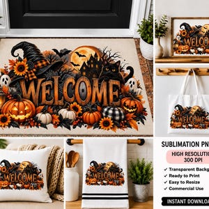 May include: A rectangular doormat featuring a Halloween-themed graphic with the text WELCOME, a black witch hat, a black cat, pumpkins, sunflowers, ghosts, and a haunted house silhouette against a full moon, also shown on a pillow, towel, and tote.