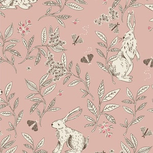 May include: A seamless pattern featuring white rabbits, delicate floral sprigs, and butterflies on a pale pink background.