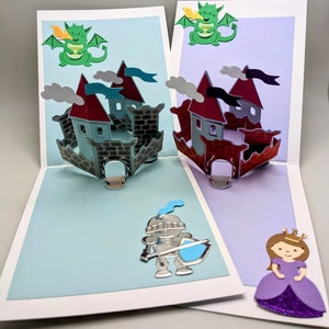 Fun 3D Pop Up Castle Happy Birthday Card for Boys and Girls with Knight, Dragon, Princess with customizable hair, with Envelope