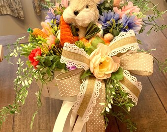 Handmade Easter Bunny Floral Arrangement, Spring Table Centerpiece, Rustic Bunny Decor, Farmhouse Easter Basket, Springtime Gift