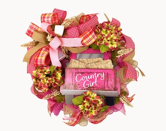 Country Girl Pink Truck Wreath, Harvest Truck Wreath, Farmhouse Truck Decor, Farmhouse Wreath, Girly Girl Gift, Spring Truck Swag, Summer