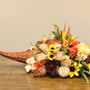 Fall Cornucopia Centerpiece for Thanksgiving Table Decor, Autumn Floral Arrangement, Rustic Farmhouse Style, Fall Table Arrangement