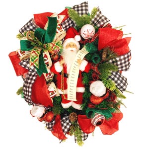 Handmade Santa Christmas Wreath – Festive Holiday Decor with Plaid Ribbons, Greenery & Vintage Santa Face, Front Door Wreath, Santa Wreath