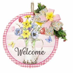 Pink Floral Door Hanger: Spring Farmhouse Wood Round