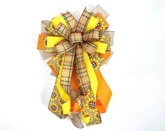 Handmade Sunflower Bow for Wreaths, Fall Decor, Rustic Front Door Bow, Yellow and Plaid Ribbon Bow, Fall Sunflower Bow, Fall Lamp Post Bow