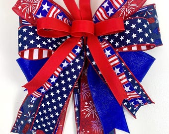 Patriotic Bow for Wreath, Fourth of July Door Bow, Red White Blue Ribbon Bow, Independence Day Decor, Rustic Patriotic Bow, Primitive Bow