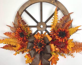 Wagon Wheel Sunflower Decor, Wagon Wheel Fall Wreath, Sunflower Wheel Wall Decor, Fall Wheel for Front Door, Country Fall Wagon Wreath