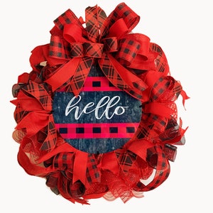 Hello Wreath, Red and Black Wreath, Gift for Her, Everyday Wreath for Front Door, All Season Wreath, Housewarming Gift, Realtor Gift,Buffalo