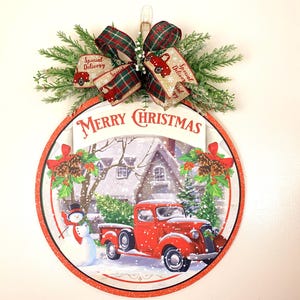 Red Truck Christmas Door Hanger: Birch Wood Winter Decor