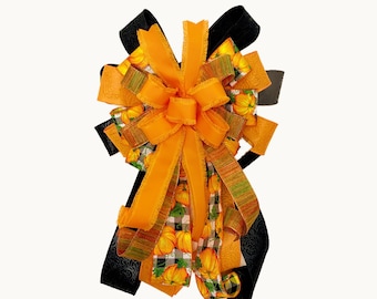 Handmade Pumpkin Fall Bow – Autumn Front Door Decor, Thanksgiving Orange Ribbon Wreath Bow, Halloween Bow, Fall Lantern Bow