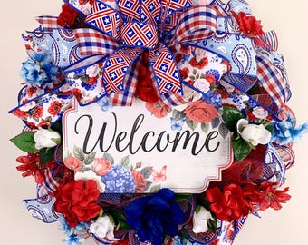 Patriotic Welcome Wreath, 4th of July Front Door Decor, Americana Summer Wreath, Memorial Day Wreath, Red White Blue Door Decor, July 4 Deco
