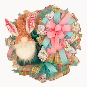 Easter Bunny Gnome Wreath, Spring Gnome Wreath, Pastel Easter Wreath, Easter Wreath for Front Door, Easter Bunny Swag, Easter Gnome Decor