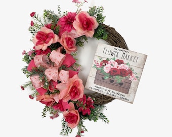 Flower Market Wreath, Pink Wreath for Front Door, Pink Grapevine Wreath, Pink Rose Wreath, Pink Floral Garden, Elegant Porch Decor, Entryway